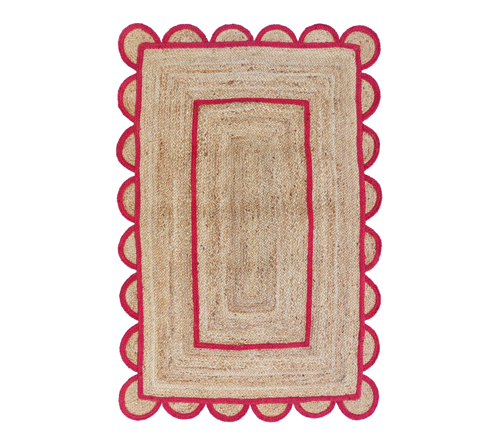 Natural Jute Scallop Rug with Pink Trim