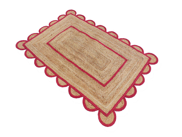 Natural Jute Scallop Rug with Pink Trim