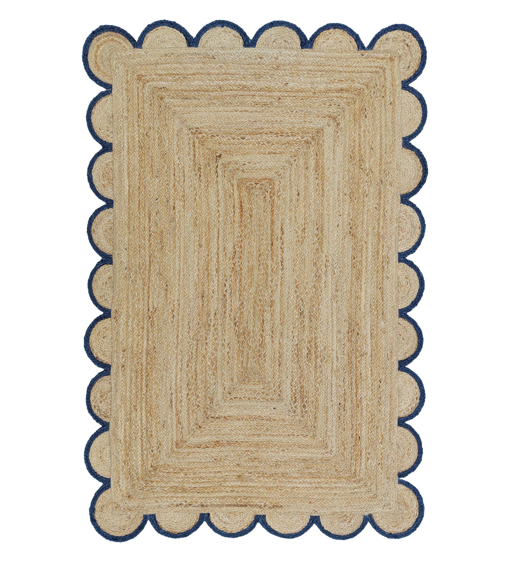 Natural Jute Scallop Rug with Navy Edge