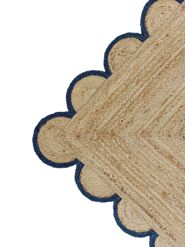 Natural Jute Scallop Rug with Navy Edge