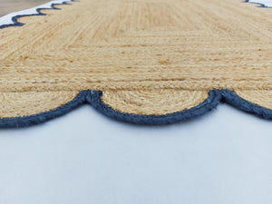 Natural Jute Scallop Rug with Navy Edge