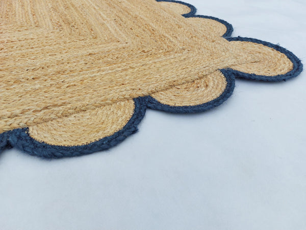 Natural Jute Scallop Rug with Navy Edge