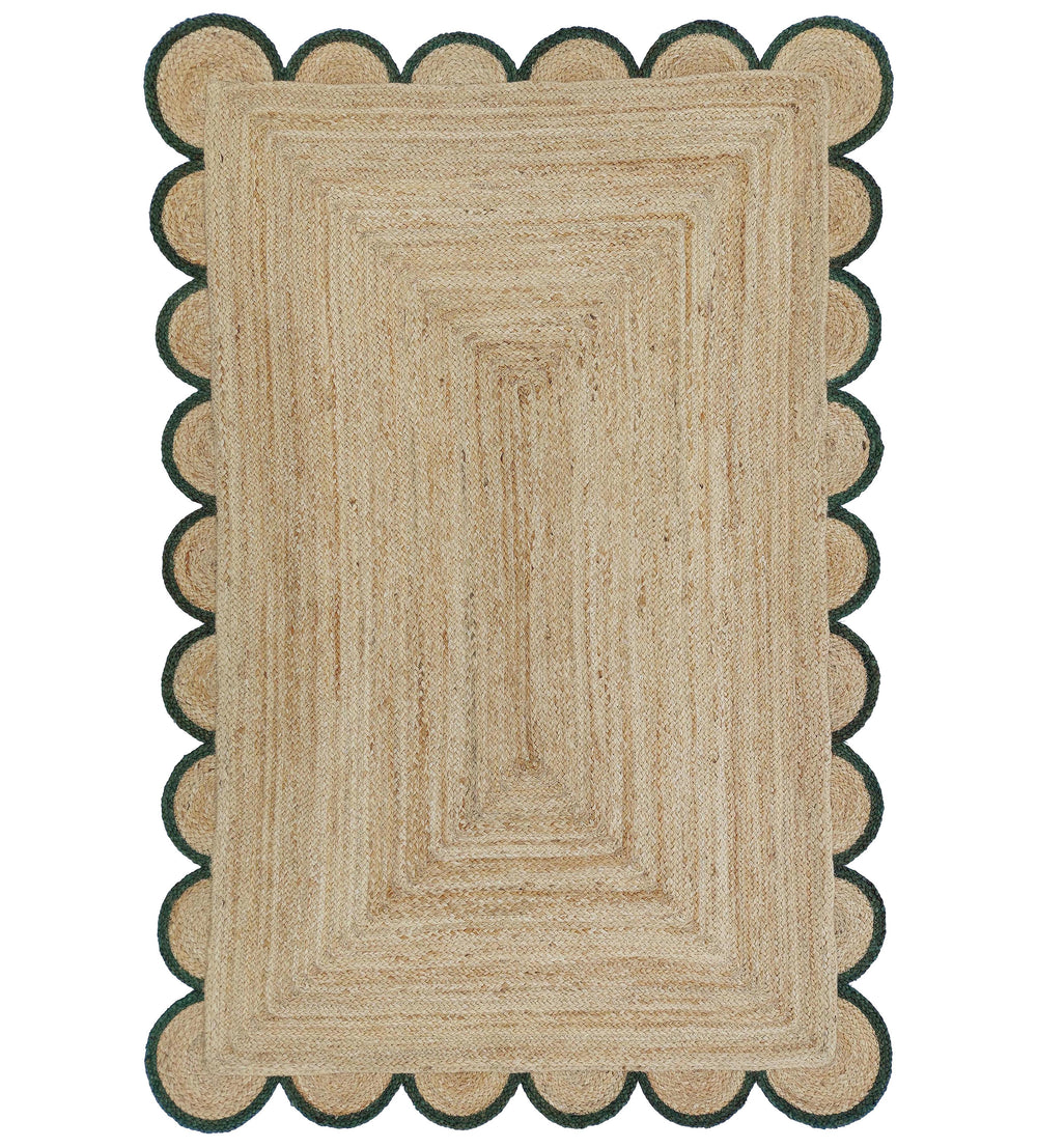 Natural Jute Scallop Rug with Green Edge