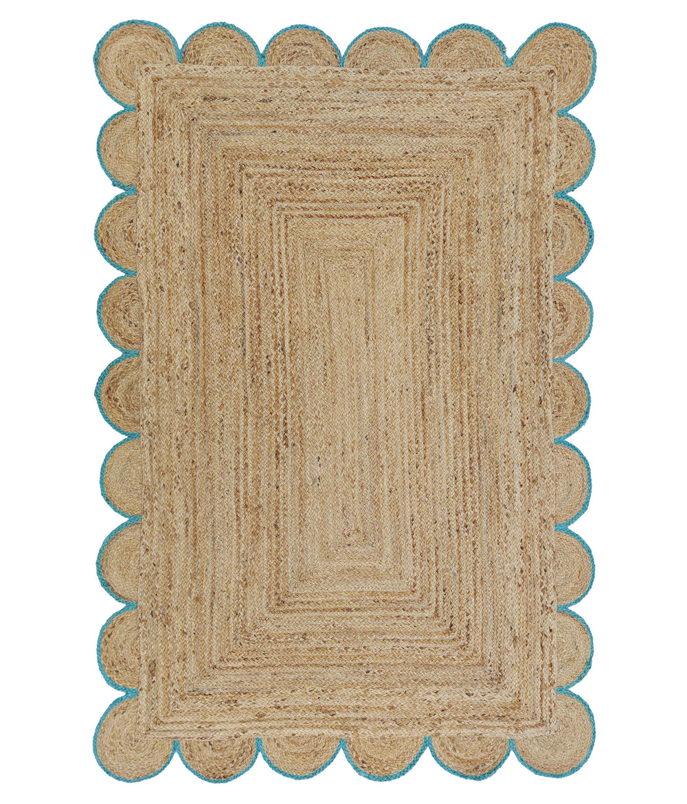 Natural Jute Scallop Rug with Teal Edge
