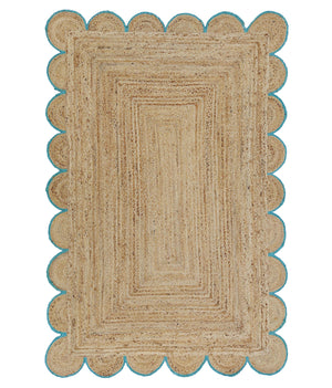 Natural Jute Scallop Rug with Teal Edge