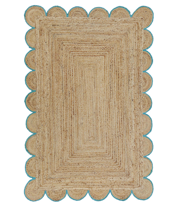 Natural Jute Scallop Rug with Teal Edge