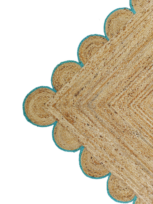 Natural Jute Scallop Rug with Teal Edge