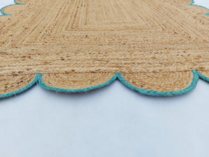 Natural Jute Scallop Rug with Teal Edge
