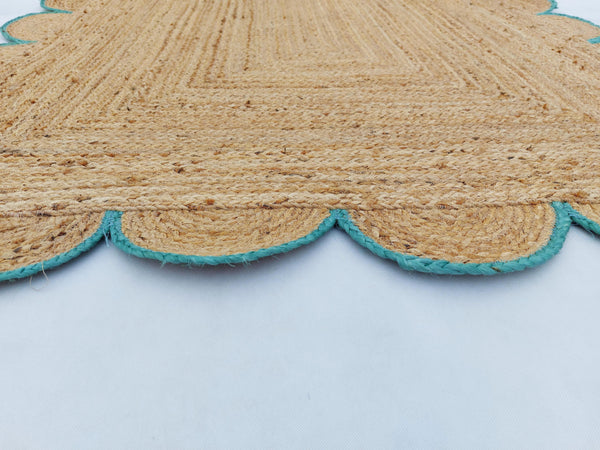 Natural Jute Scallop Rug with Teal Edge