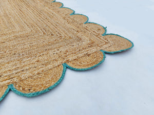 Natural Jute Scallop Rug with Teal Edge