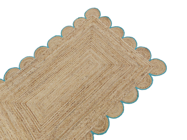 Natural Jute Scallop Rug with Teal Edge