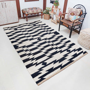 Handwoven Natural Black & Ivory Geometric Area Rug, Modern Tribal Flatweave Rug 5'X8' ft