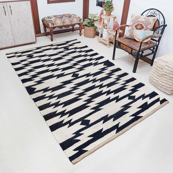 Handwoven Natural Black & Ivory Geometric Area Rug, Modern Tribal Flatweave Rug 5'X8' ft