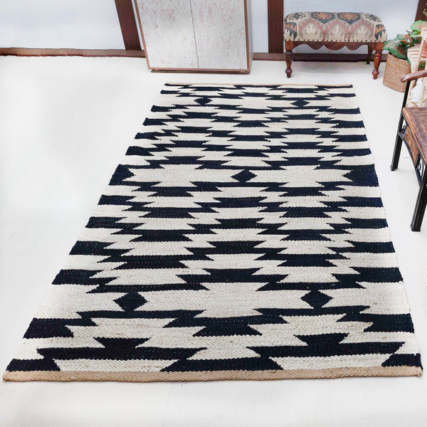 Handwoven Natural Black & Ivory Geometric Area Rug, Modern Tribal Flatweave Rug 5'X8' ft