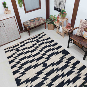 Handwoven Natural Black & Ivory Geometric Area Rug, Modern Tribal Flatweave Rug 5'X8' ft