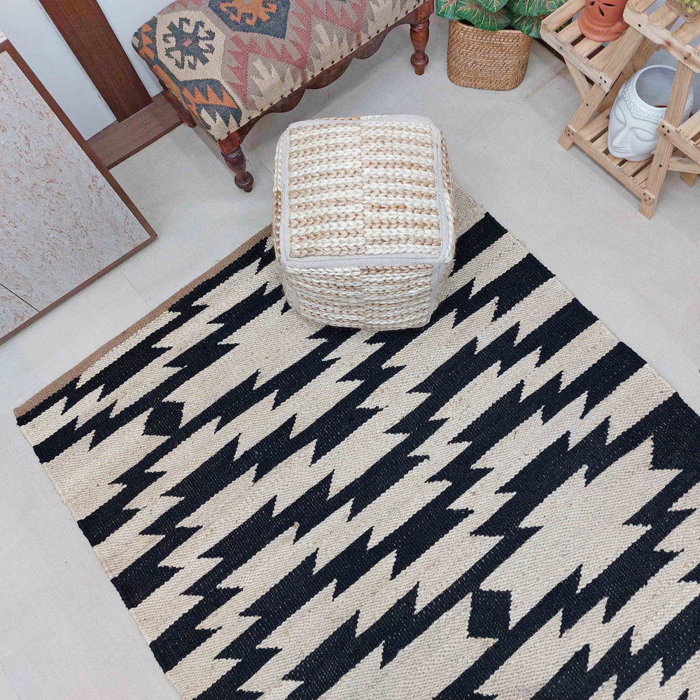Handwoven Natural Black & Ivory Geometric Area Rug, Modern Tribal Flatweave Rug 5'X8' ft