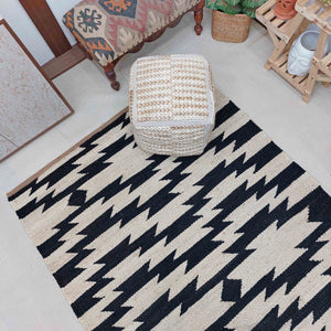 Handwoven Natural Black & Ivory Geometric Area Rug, Modern Tribal Flatweave Rug 5'X8' ft