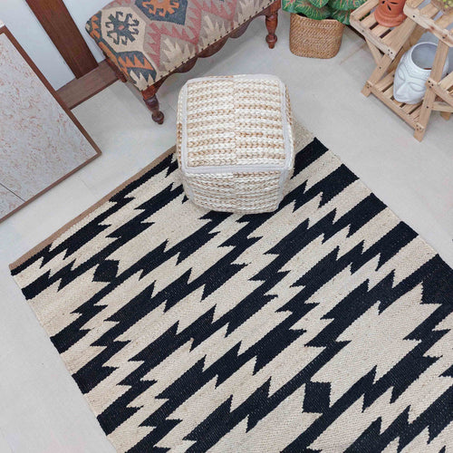 Handwoven Natural Black & Ivory Geometric Area Rug, Modern Tribal Flatweave Rug 5'X8' ft
