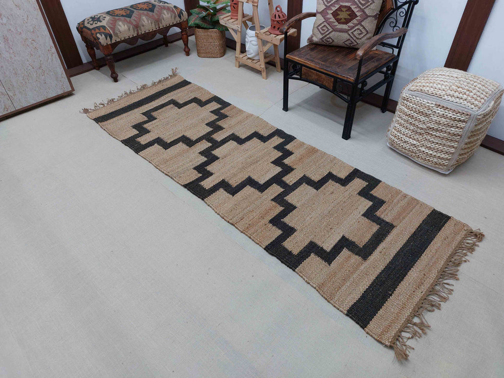 Handwoven Jute Hemp Runner Rug | Black Geometric Area Hallway Rug | Entryway Runner