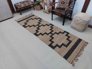 Handwoven Jute Hemp Runner Rug | Black Geometric Area Hallway Rug | Entryway Runner
