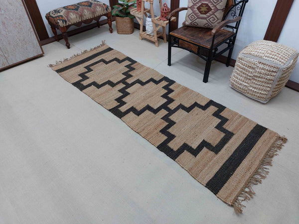 Handwoven Jute Hemp Runner Rug | Black Geometric Area Hallway Rug | Entryway Runner