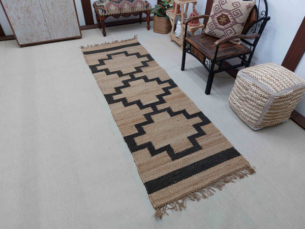 Handwoven Jute Hemp Runner Rug | Black Geometric Area Hallway Rug | Entryway Runner