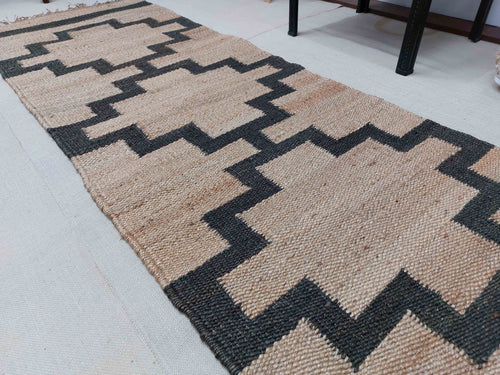 Handwoven Jute Hemp Runner Rug | Black Geometric Area Hallway Rug | Entryway Runner