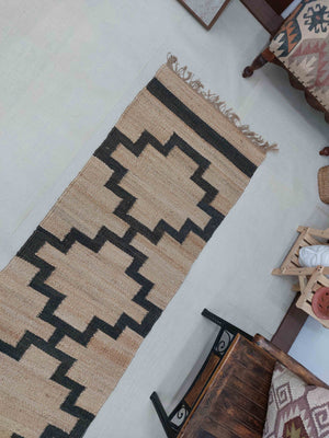 Handwoven Jute Hemp Runner Rug | Black Geometric Area Hallway Rug | Entryway Runner