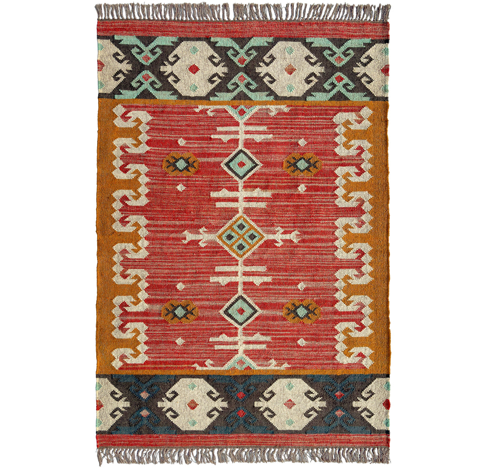 Wool jute kilim rug with traditional pattern on a white background.