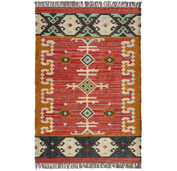 Wool jute kilim rug with traditional pattern on a white background.
