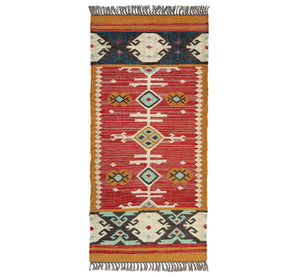 Woven runner kilim rug with geometric pattern on a white background