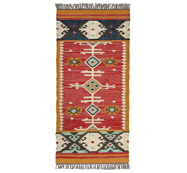 Woven runner kilim rug with geometric pattern on a white background