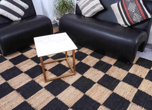 Checkered Jute Boho Area Rug, Black