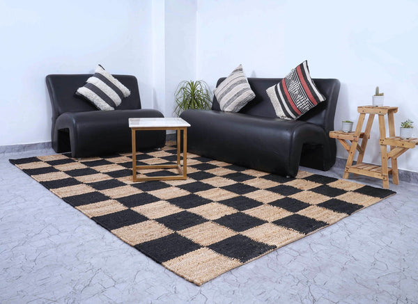 Checkered Jute Boho Area Rug, Black