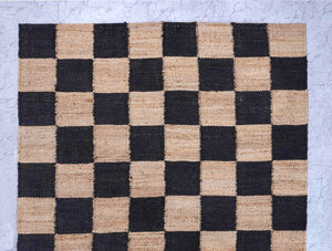 Checkered Jute Boho Area Rug, Black