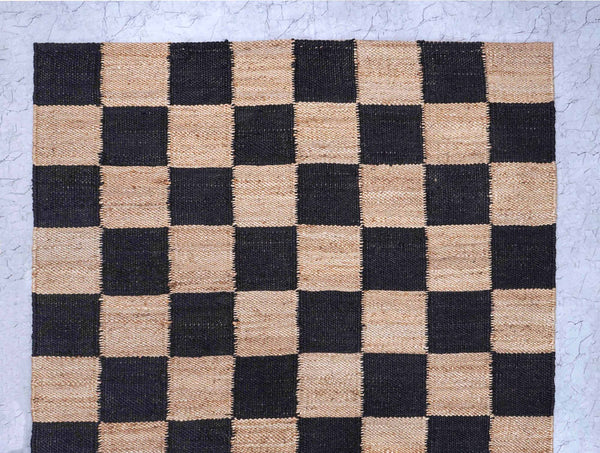 Checkered Jute Boho Area Rug, Black