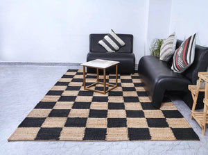 Checkered Jute Boho Area Rug, Black