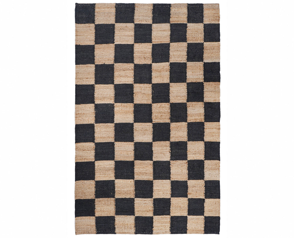 Checkered Jute Boho Area Rug, Black