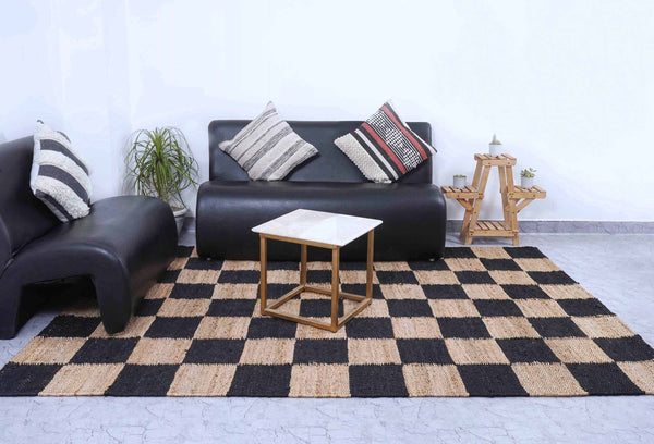 Checkered Jute Boho Area Rug, Black