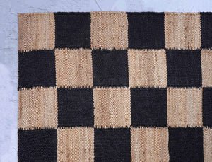 Checkered Jute Boho Area Rug, Black