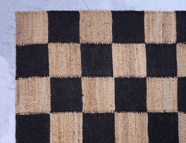 Checkered Jute Boho Area Rug, Black