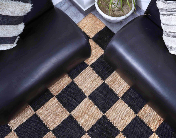 Checkered Jute Boho Area Rug, Black