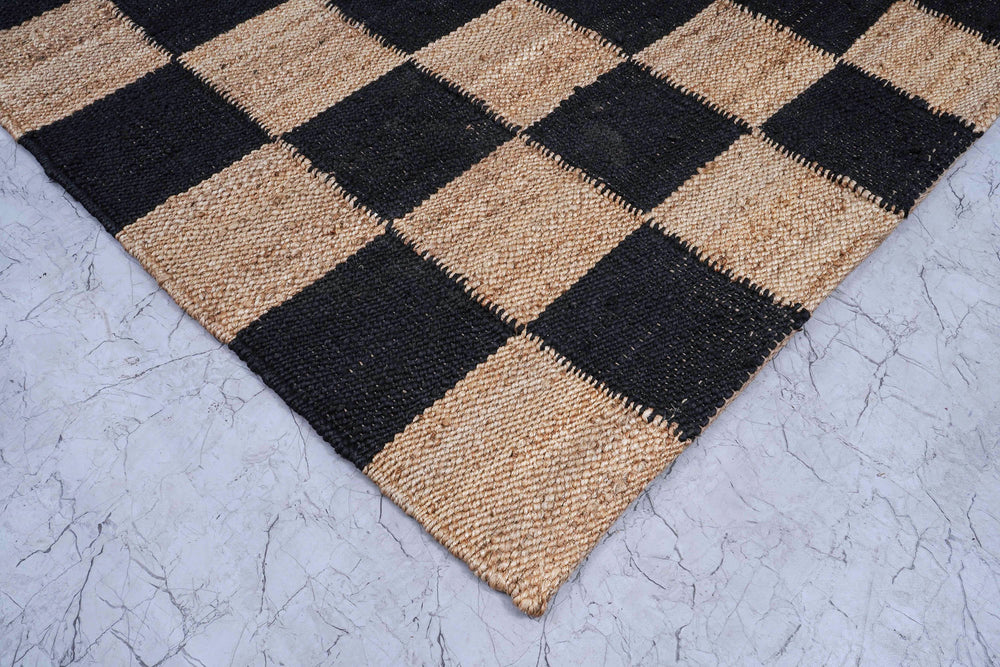 Checkered Jute Boho Area Rug, Black