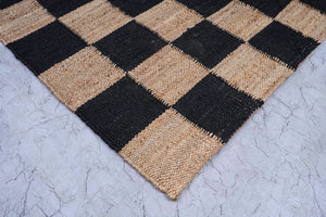 Checkered Jute Boho Area Rug, Black