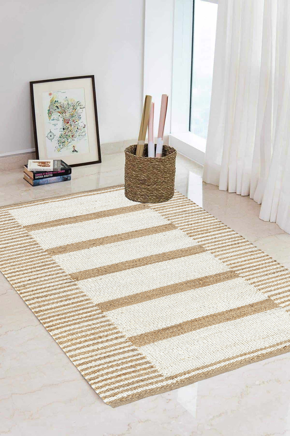 Checkered Stripe Handwoven Jute Rug, Natural Ivory