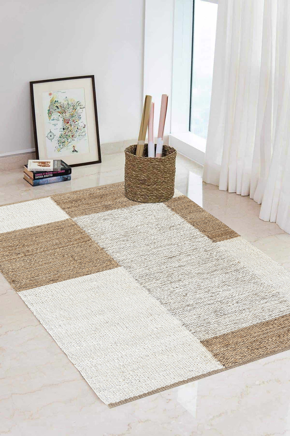 Natural Block Handwoven Jute Rug, Natural Ivory