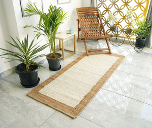 Handwoven Natural Jute Border Runner Rug- Boho Hemp Area Rug 2.5' x 6' ft