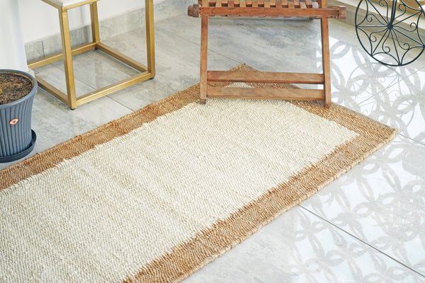 Handwoven Natural Jute Border Runner Rug- Boho Hemp Area Rug 2.5' x 6' ft