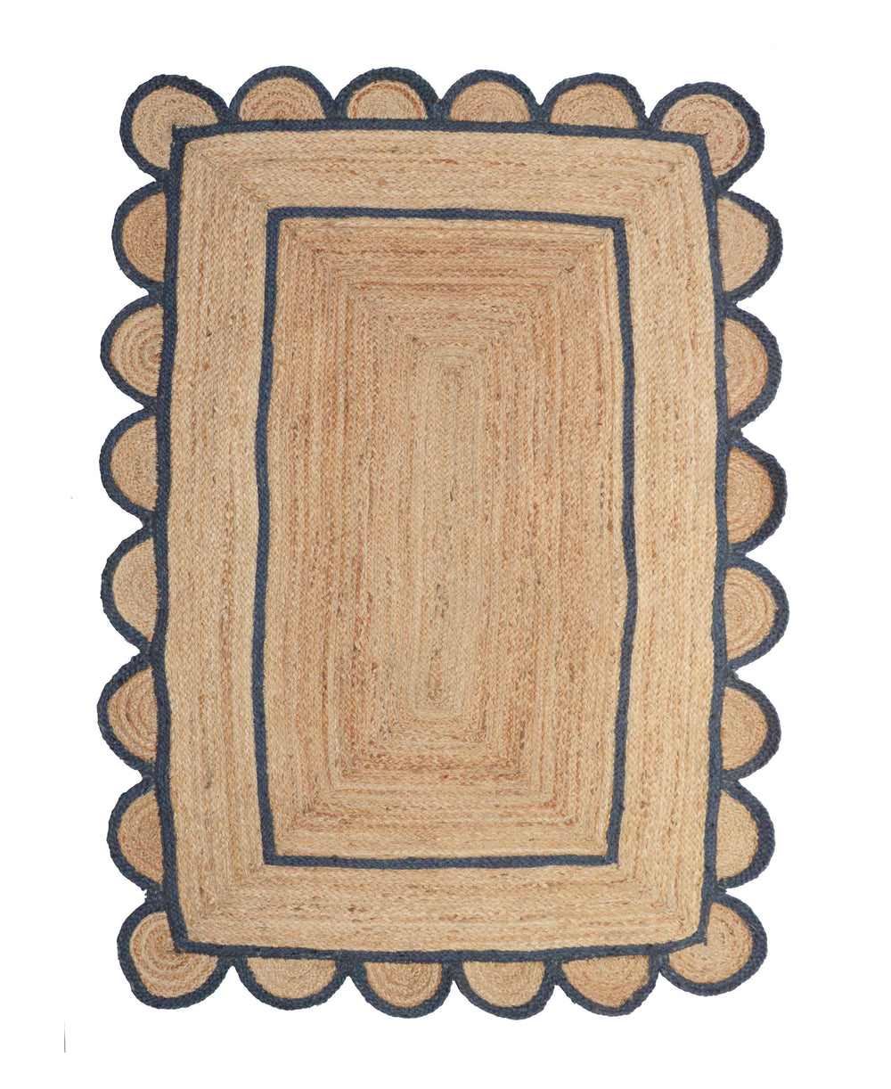 Natural Jute Scallop Rug with Navy Trim