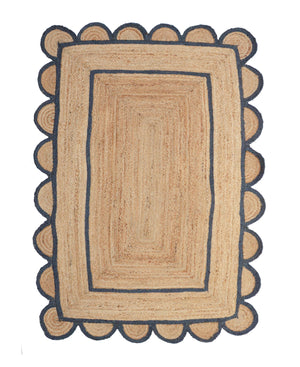 Natural Jute Scallop Rug with Navy Trim